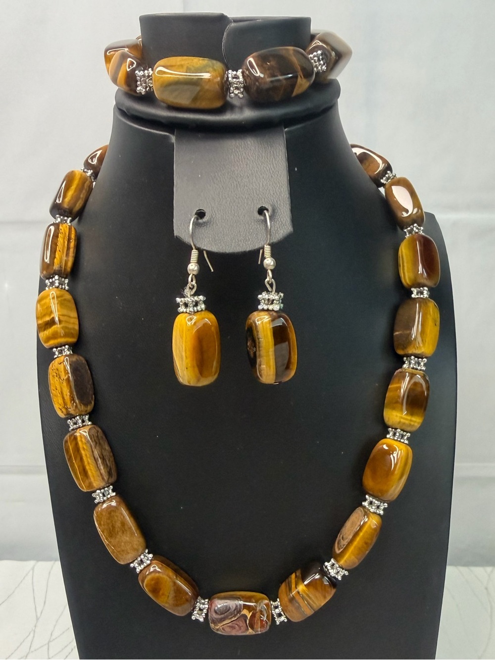 Tiger Eye Bead Necklace, Bracelet & Earrings Set - Polished Brown Stones